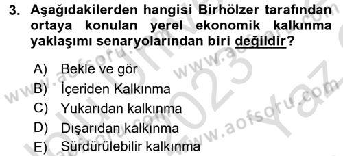 Yerel Ekonomik Kalkınma Dersi 2023 - 2024 Yılı Yaz Okulu Sınav Soruları 3. Soru