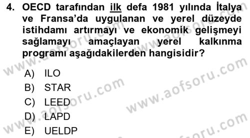 Yerel Ekonomik Kalkınma Dersi 2023 - 2024 Yılı Yaz Okulu Sınav Soruları 4. Soru