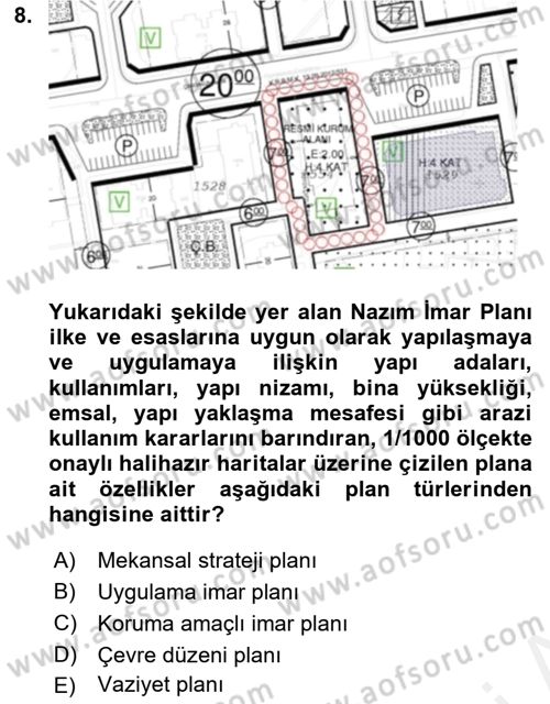 Belediye, İmar ve Gayrimenkul Mevzuatı Dersi Ara Sınavı Deneme Sınav Soruları 8. Soru