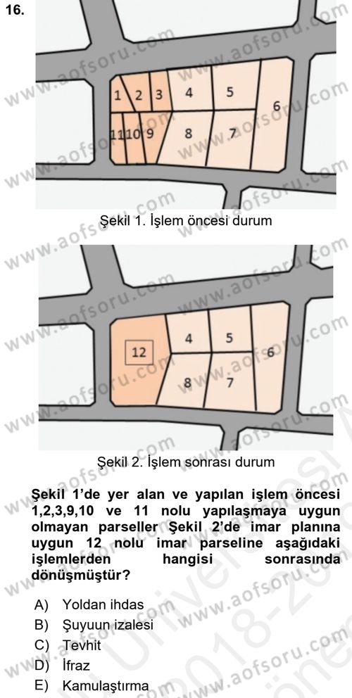 Belediye, İmar ve Gayrimenkul Mevzuatı Dersi 2018 - 2019 Yılı (Final) Dönem Sonu Sınav Soruları 16. Soru