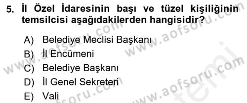 Belediye, İmar ve Gayrimenkul Mevzuatı Dersi 2018 - 2019 Yılı (Final) Dönem Sonu Sınavı 5. Soru