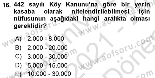 Belediye, İmar ve Gayrimenkul Mevzuatı Dersi 2021 - 2022 Yılı (Final) Dönem Sonu Sınavı 16. Soru