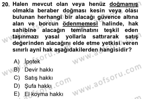 Belediye, İmar ve Gayrimenkul Mevzuatı Dersi 2021 - 2022 Yılı (Final) Dönem Sonu Sınavı 20. Soru