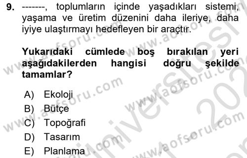 Belediye, İmar ve Gayrimenkul Mevzuatı Dersi 2021 - 2022 Yılı (Final) Dönem Sonu Sınavı 9. Soru