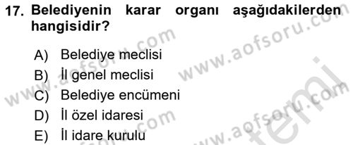 Belediye, İmar ve Gayrimenkul Mevzuatı Dersi 2021 - 2022 Yılı Yaz Okulu Sınav Soruları 17. Soru