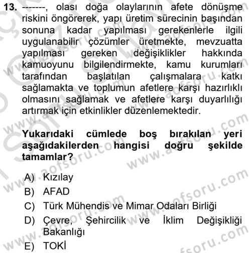 Belediye, İmar ve Gayrimenkul Mevzuatı Dersi 2024 - 2025 Yılı (Final) Dönem Sonu Sınav Soruları 13. Soru