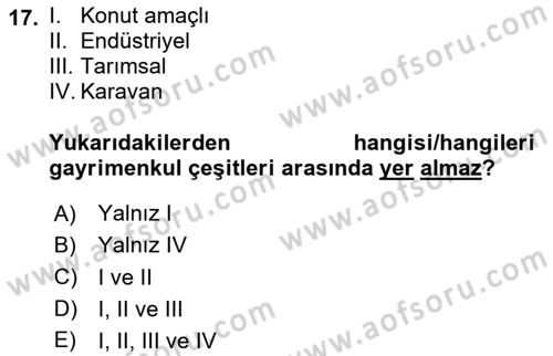 Belediye, İmar ve Gayrimenkul Mevzuatı Dersi 2024 - 2025 Yılı (Final) Dönem Sonu Sınav Soruları 17. Soru
