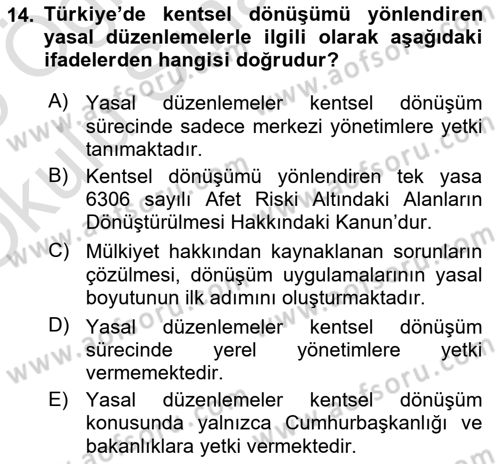 Belediye, İmar ve Gayrimenkul Mevzuatı Dersi 2024 - 2025 Yılı Yaz Okulu Sınav Soruları 14. Soru