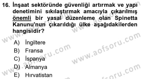 Belediye, İmar ve Gayrimenkul Mevzuatı Dersi 2024 - 2025 Yılı Yaz Okulu Sınav Soruları 16. Soru
