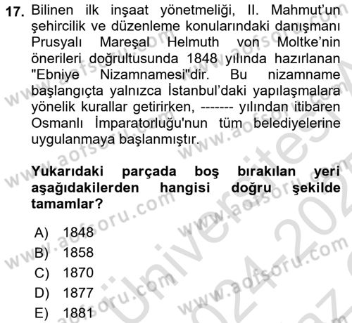 Belediye, İmar ve Gayrimenkul Mevzuatı Dersi 2024 - 2025 Yılı Yaz Okulu Sınav Soruları 17. Soru
