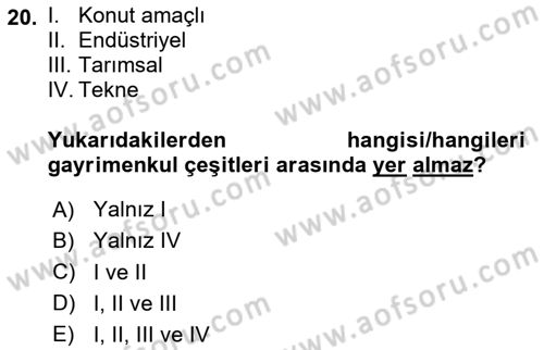 Belediye, İmar ve Gayrimenkul Mevzuatı Dersi 2024 - 2025 Yılı Yaz Okulu Sınav Soruları 20. Soru
