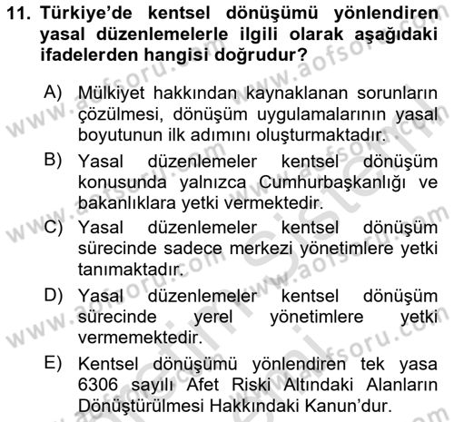 Belediye, İmar ve Gayrimenkul Mevzuatı Dersi 2025 - 2026 Yılı (Final) Dönem Sonu Sınav Soruları 11. Soru