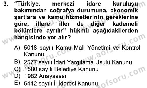 Mahalli İdareler Dersi 2012 - 2013 Yılı (Vize) Ara Sınavı 3. Soru