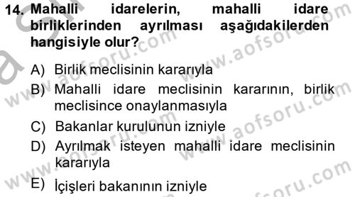 Mahalli İdareler Dersi 2013 - 2014 Yılı (Vize) Ara Sınavı 14. Soru