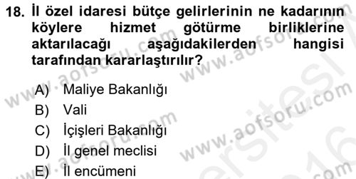 Mahalli İdareler Dersi 2015 - 2016 Yılı (Vize) Ara Sınavı 18. Soru