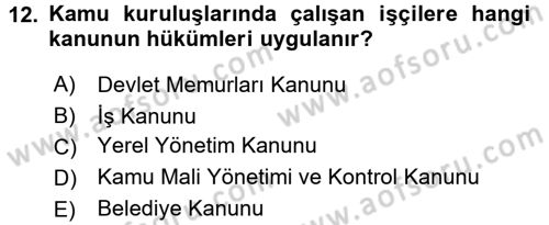 Mahalli İdareler Dersi 2016 - 2017 Yılı 3 Ders Sınavı 12. Soru