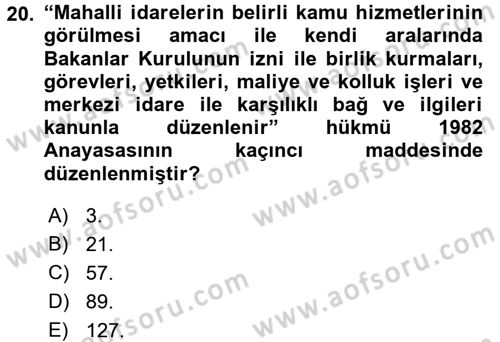 Mahalli İdareler Dersi 2016 - 2017 Yılı (Vize) Ara Sınavı 20. Soru