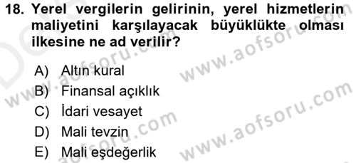 Mahalli İdareler Dersi 2017 - 2018 Yılı 3 Ders Sınavı 18. Soru