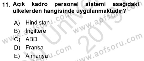 Mahalli İdareler Dersi 2018 - 2019 Yılı 3 Ders Sınavı 11. Soru