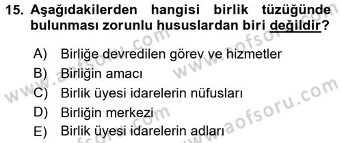 Mahalli İdareler Dersi 2018 - 2019 Yılı (Vize) Ara Sınavı 15. Soru