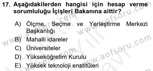 Mahalli İdareler Dersi 2018 - 2019 Yılı (Vize) Ara Sınavı 17. Soru