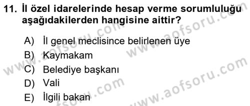 Mahalli İdareler Dersi 2018 - 2019 Yılı Yaz Okulu Sınavı 11. Soru