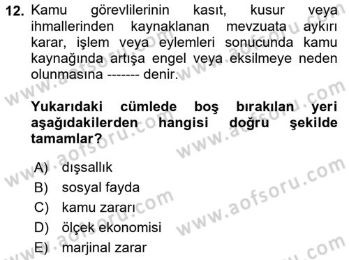 Mahalli İdareler Dersi 2018 - 2019 Yılı Yaz Okulu Sınavı 12. Soru