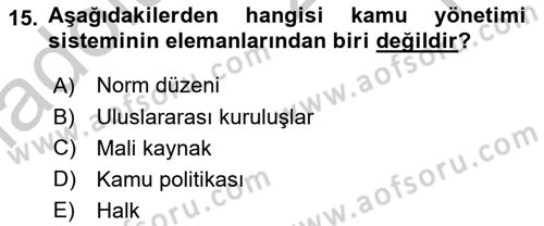 Mahalli İdareler Dersi 2018 - 2019 Yılı Yaz Okulu Sınavı 15. Soru