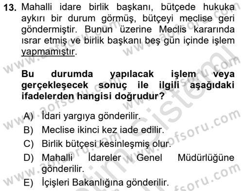 Mahalli İdareler Dersi 2020 - 2021 Yılı (Vize) Ara Sınavı 13. Soru