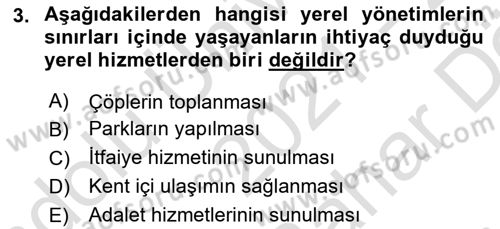 Mahalli İdareler Dersi 2020 - 2021 Yılı (Vize) Ara Sınavı 3. Soru