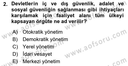 Mahalli İdareler Dersi 2020 - 2021 Yılı Yaz Okulu Sınavı 2. Soru