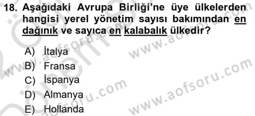 Mahalli İdareler Dersi 2021 - 2022 Yılı (Final) Dönem Sonu Sınavı 18. Soru