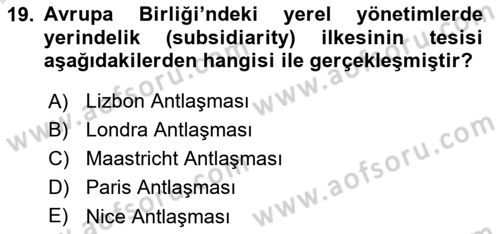 Mahalli İdareler Dersi 2021 - 2022 Yılı (Final) Dönem Sonu Sınavı 19. Soru