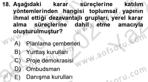 Mahalli İdareler Dersi 2021 - 2022 Yılı Yaz Okulu Sınavı 18. Soru