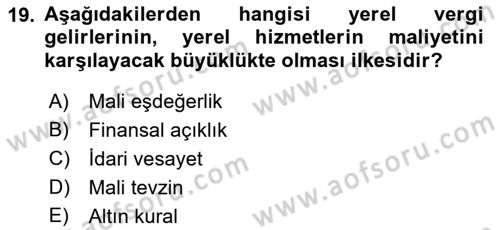 Mahalli İdareler Dersi 2021 - 2022 Yılı Yaz Okulu Sınavı 19. Soru