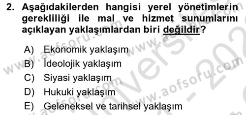 Mahalli İdareler Dersi 2021 - 2022 Yılı Yaz Okulu Sınavı 2. Soru