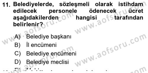 Mahalli İdareler Dersi 2022 - 2023 Yılı (Final) Dönem Sonu Sınavı 11. Soru