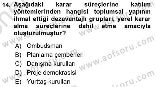 Mahalli İdareler Dersi 2022 - 2023 Yılı (Final) Dönem Sonu Sınavı 14. Soru