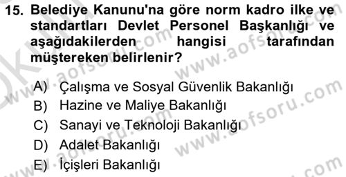 Mahalli İdareler Dersi 2022 - 2023 Yılı Yaz Okulu Sınavı 15. Soru