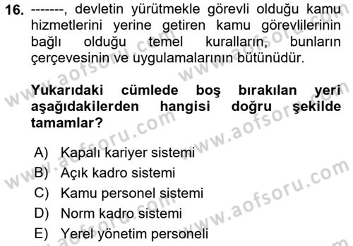 Mahalli İdareler Dersi 2022 - 2023 Yılı Yaz Okulu Sınavı 16. Soru