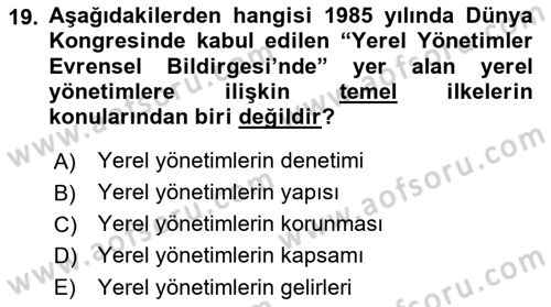 Mahalli İdareler Dersi 2022 - 2023 Yılı Yaz Okulu Sınavı 19. Soru