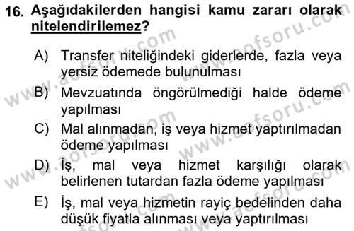 Mahalli İdareler Dersi 2023 - 2024 Yılı (Vize) Ara Sınavı 16. Soru