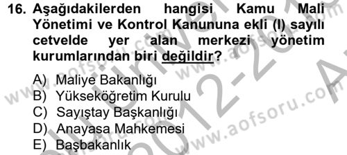 Yerel Yönetimler Dersi 2012 - 2013 Yılı (Vize) Ara Sınav Soruları 16. Soru