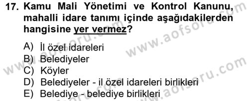Yerel Yönetimler Dersi 2012 - 2013 Yılı (Vize) Ara Sınav Soruları 17. Soru