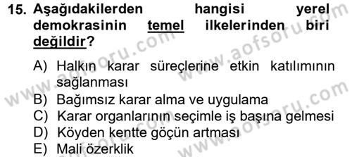 Yerel Yönetimler Dersi 2012 - 2013 Yılı (Final) Dönem Sonu Sınav Soruları 15. Soru