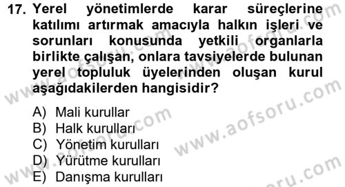 Yerel Yönetimler Dersi 2012 - 2013 Yılı (Final) Dönem Sonu Sınav Soruları 17. Soru