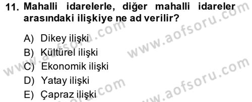 Yerel Yönetimler Dersi 2013 - 2014 Yılı (Vize) Ara Sınav Soruları 11. Soru