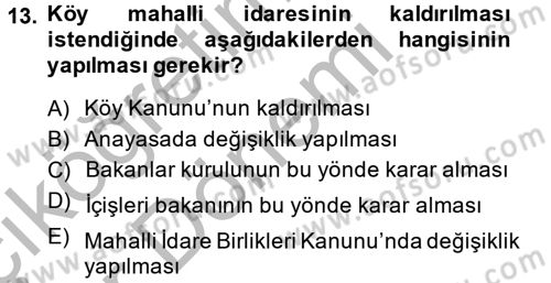 Yerel Yönetimler Dersi 2013 - 2014 Yılı (Vize) Ara Sınav Soruları 13. Soru