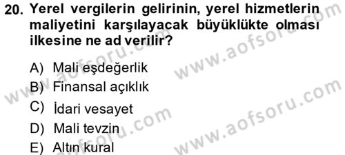 Yerel Yönetimler Dersi 2013 - 2014 Yılı (Final) Dönem Sonu Sınav Soruları 20. Soru