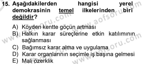 Yerel Yönetimler Dersi 2013 - 2014 Yılı Tek Ders Sınav Soruları 15. Soru